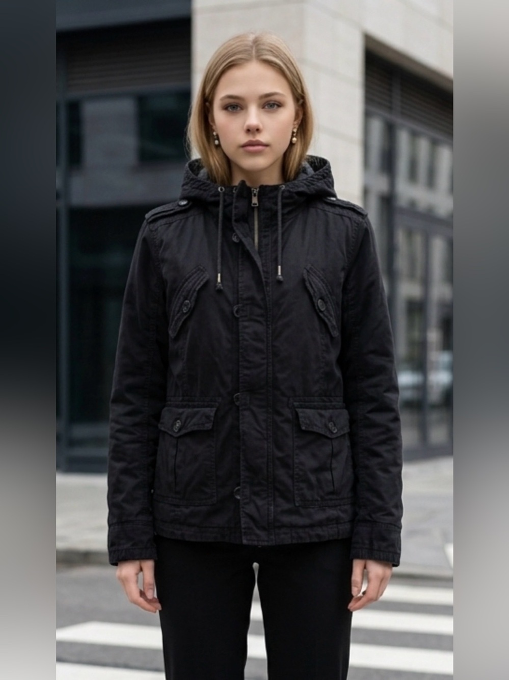 TNA Black Hooded Utility Jacket for Women